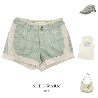 古早日系森系早韩小清新薄荷绿薄荷曼波薄呢料羊毛格子低腰短裤