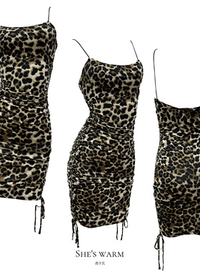 古早野性gyaru日系辣妹QQ秀性感吊带露背抽弹力绳豹纹针织裙