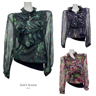 高档早古日系昭和艺术复古垂感雪纺花卉油画印花透气长袖 针织上衣