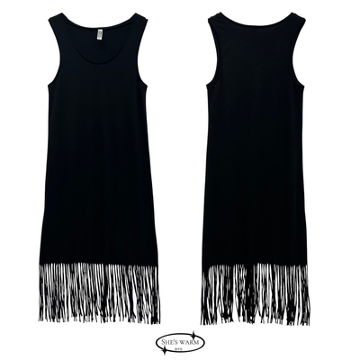 法式休闲复古优雅黑色流苏弹力针织背心连衣裙
