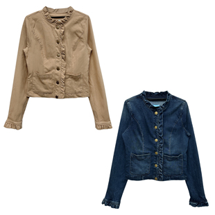 外贸古早感日系复古vintage风格 木耳边弹力洗水牛仔外套