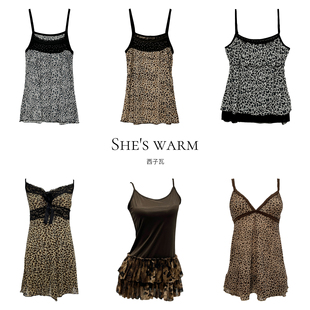 涩谷辣妹少女Y2K千禧街头豹纹撞色波浪弹力紧身网纱透视吊带套装
