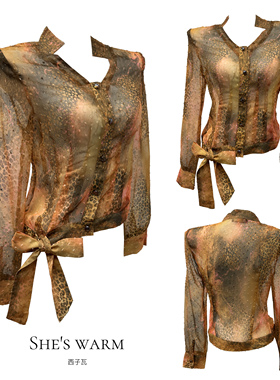 少量｜高品质千禧复古嬉皮黄色半透薄款豹纹雪纺衬衣