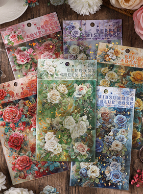 M｜蔷薇花开膜切整张贴纸 烫金特油绚丽玫瑰pet防水手账拼贴4张入