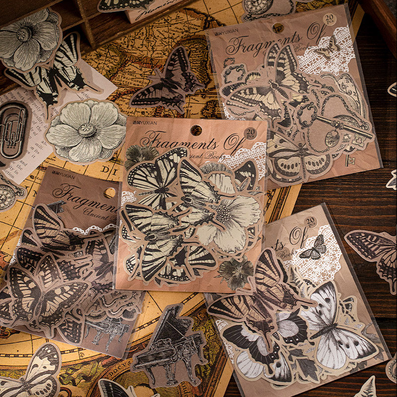 M｜古籍追忆贴纸包 英式复古蝴蝶乐器钥匙怀表可书写简约手账拼贴