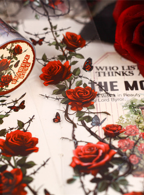 M｜荆棘玫瑰胶带 哥特藤蔓暗黑精美花卉蓝色妖姬pet手账拼贴画