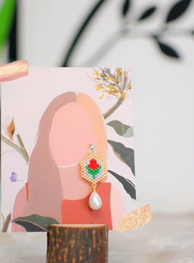 8floorA日式日系手工手作串珠郁金香小花水滴珍珠锆石耳钉耳环