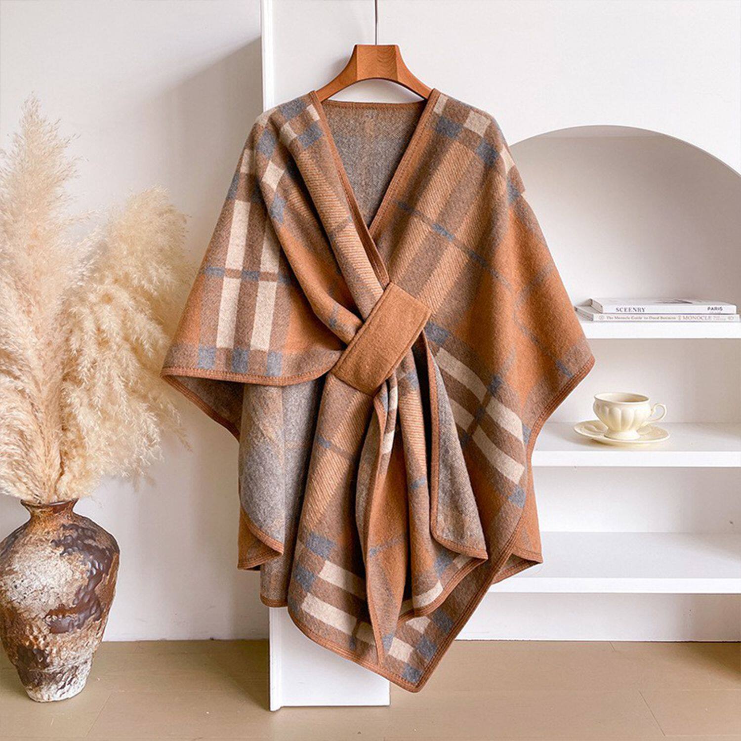 超大披肩格子仿羊绒印花外搭加厚围巾女式斗篷格子冬季保暖披风