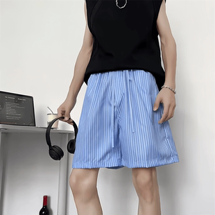 男女宽松休闲速干抽绳速干五潮 街头蓝色条纹沙滩短裤 潮牌美夏季 式