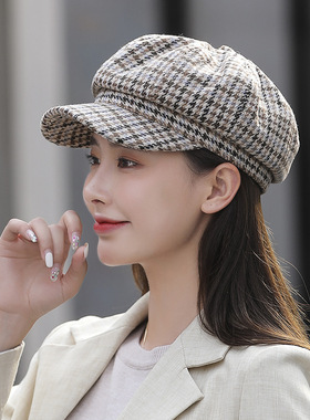 八角帽女 秋冬复古风贝雷帽子 显脸小鸭舌棒球帽冬季百搭画家帽新