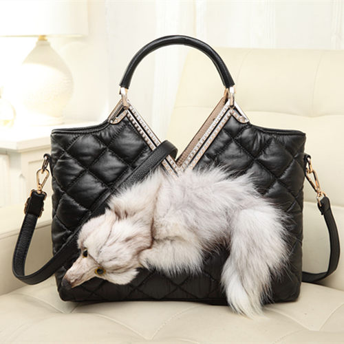 带钻休闲狐狸头毛毛真皮单肩女包