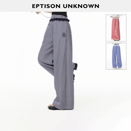 Eptison复古格子蕾丝边阔腿裤