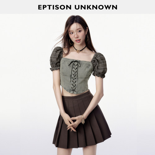 Eptison复古牛仔拼接短上衣