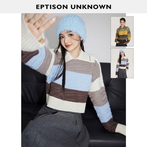 Eptison小翻领短款条纹毛衣