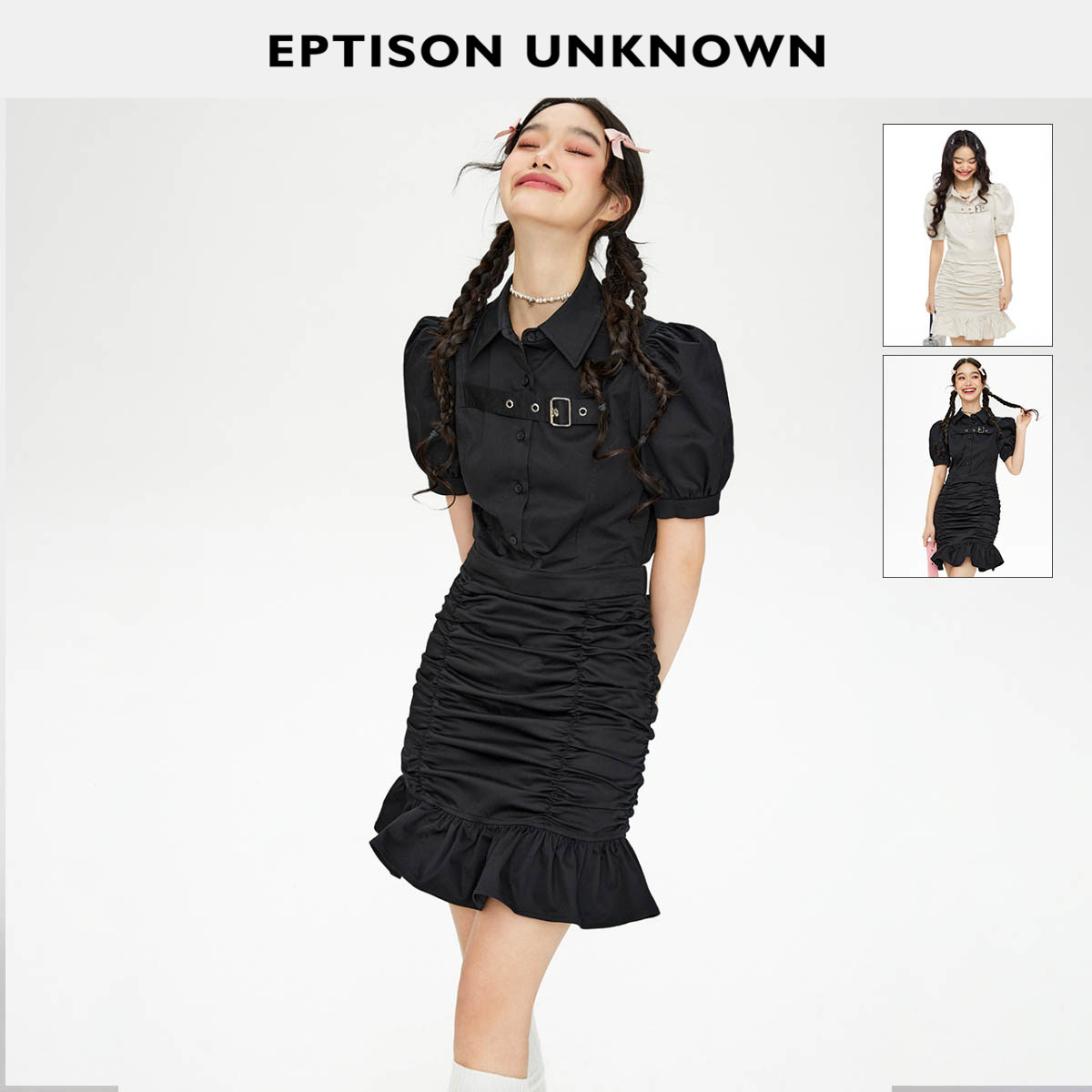EPTISON甜美泡泡袖打褶连衣裙图片