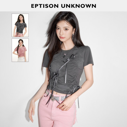 Eptison圆领短款辣妹抽褶短袖