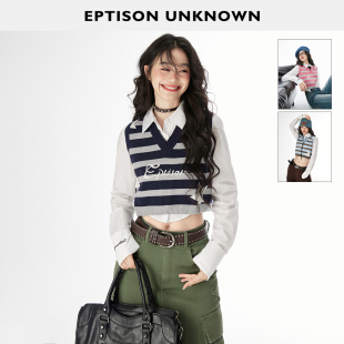 EPTISON套装 件 女秋季 条纹针织马甲背心甜辣短款 两件套 衬衫