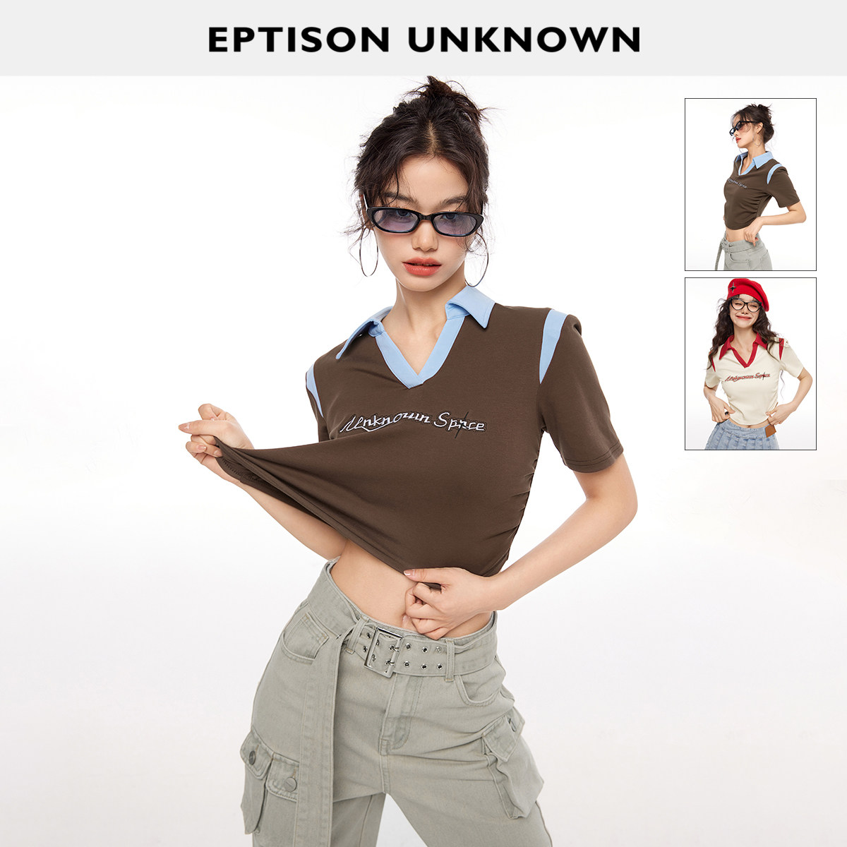 Eptison修身短款V领短袖上衣图片