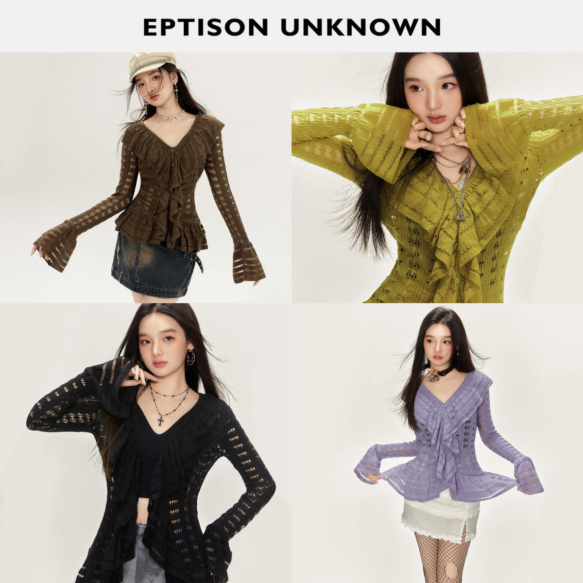 【49/件】EPTISON针织衫女秋季复古修身V领气质镂空黑色针织上衣