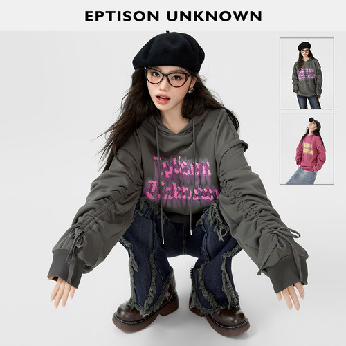 Eptison抽褶撞色圆领长袖卫衣