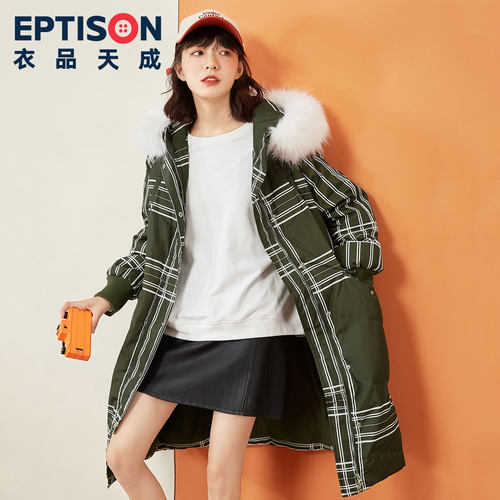 中长款羽绒服 格纹印花 可卸毛领 保暖舒适