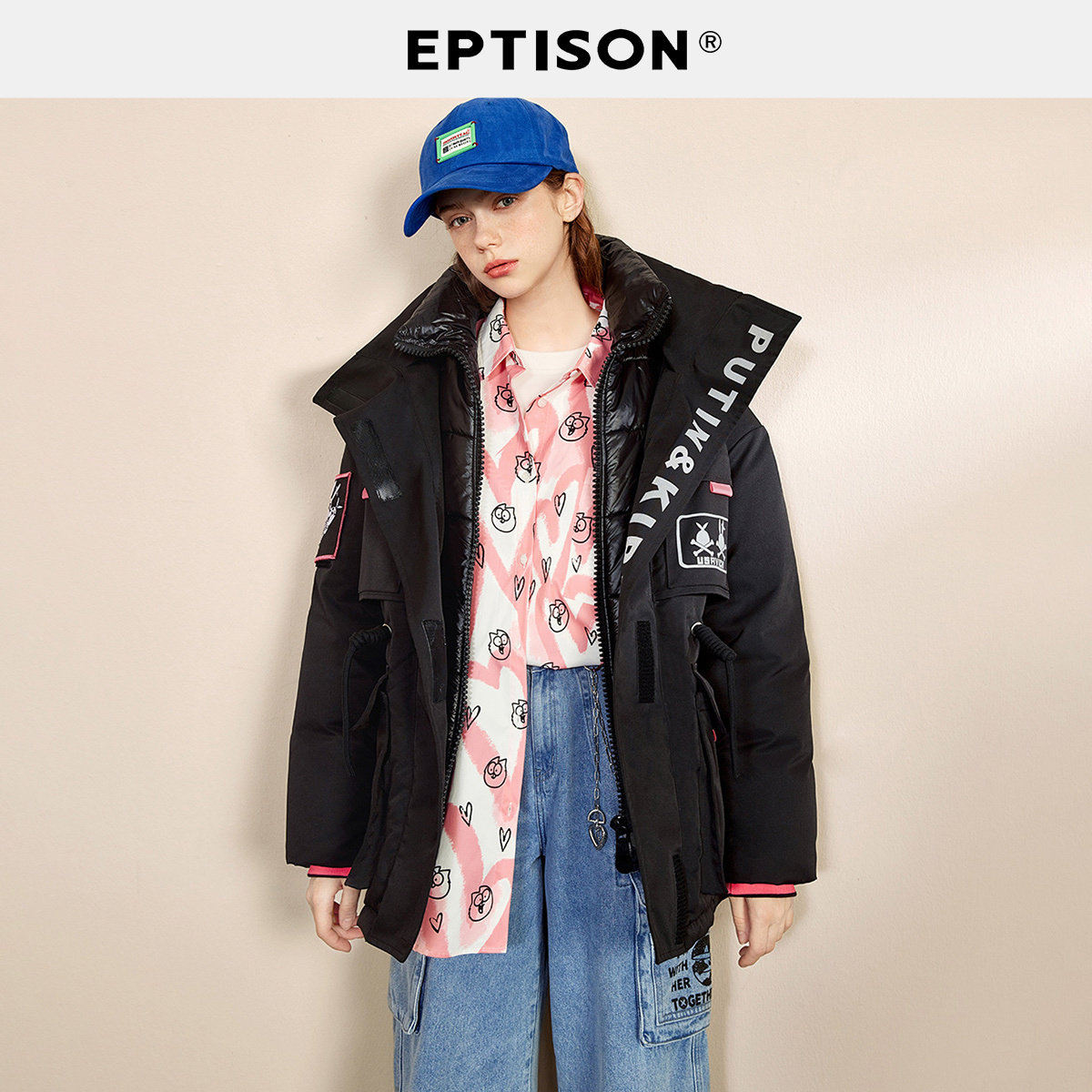 【189/件】EPTISON羽绒服女2025新款冬工装风白鸭绒连帽黑色外套