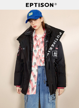 【189/件】EPTISON羽绒服女2025新款冬工装风白鸭绒连帽黑色外套