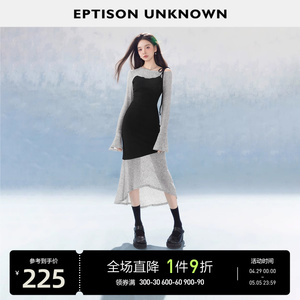 EPTISON针织连衣裙女2024春季新款黑色修身不规则辣妹高级感长裙