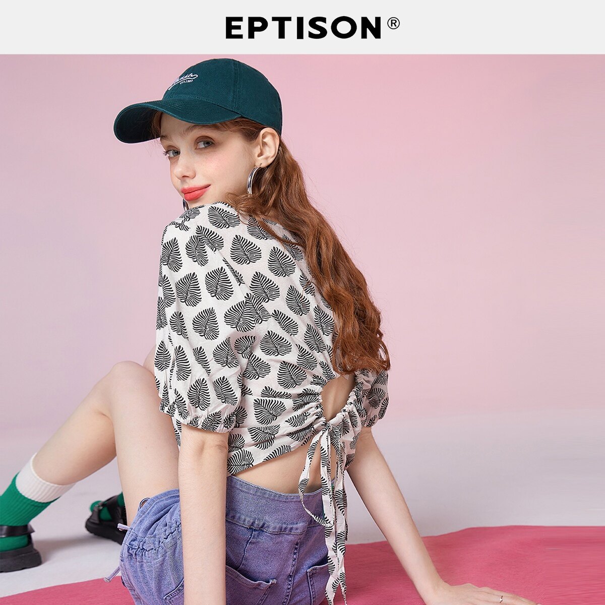 【79/件】EPTISON雪纺衫女年夏季甜美印花短袖时尚休闲灯笼袖上衣