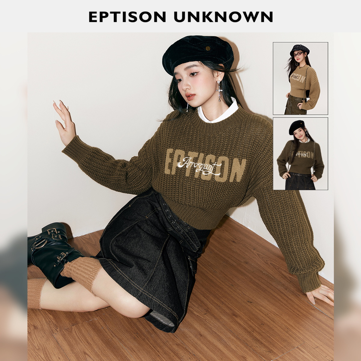 Eptison复古短款刺绣宽松毛衣