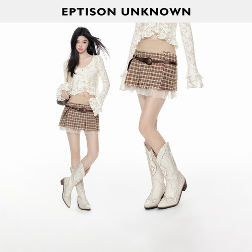 Eptison假两件拼接格子短裙
