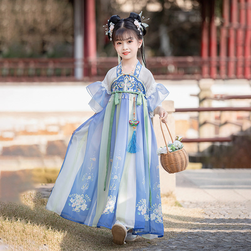 夏季薄款短袖汉服女童古风超仙儿童公主裙唐装古装国风女孩连衣裙