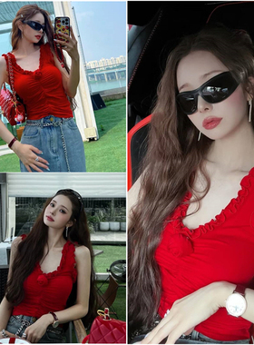 宋智雅明星同款红色立体玫瑰花吊带背心女夏季海边穿搭绝美小上衣