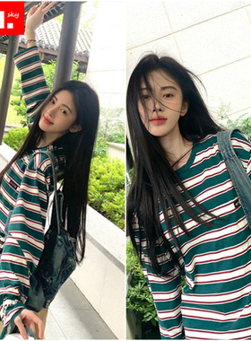 鞠婧祎明星同款复古撞色条纹长袖T恤女休闲百搭秋季圆领纯棉上衣
