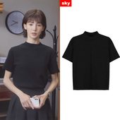 黑色半高领宽松纯棉短袖 平凡之路金晨左娜同款 上衣2023夏季 t恤女