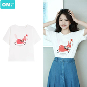 谭松韵同款 白色卡通小马印花短袖 T恤女夏设计感宽松纯棉圆领上衣