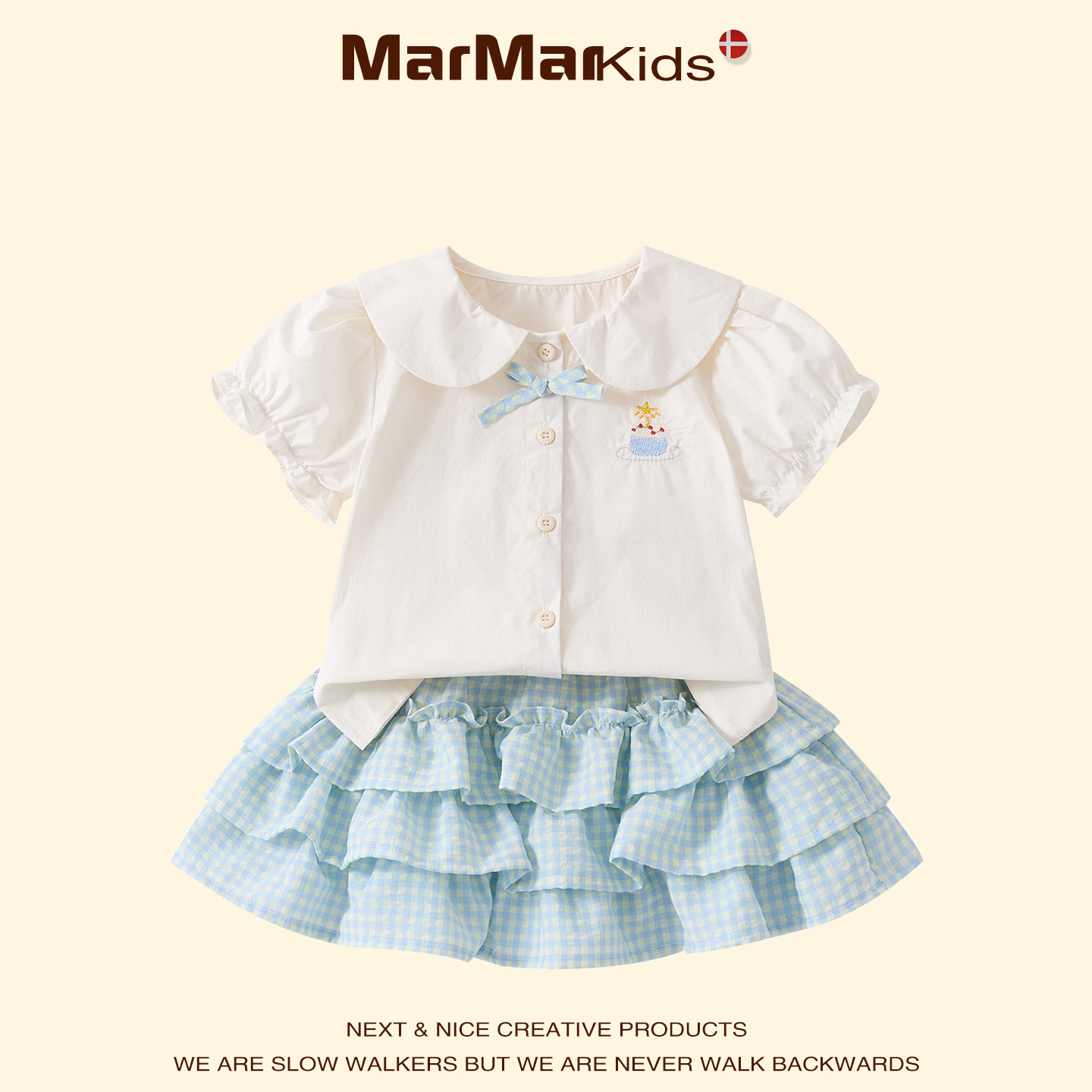 丹麦MARMAR KIDS夏季婴幼儿蝴蝶结娃娃领蛋糕半身裙礼服两件套装