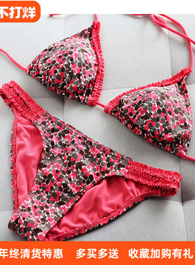 特惠出口美国性感珊瑚粉红色印花无钢圈外贸欧美比基尼泳衣女