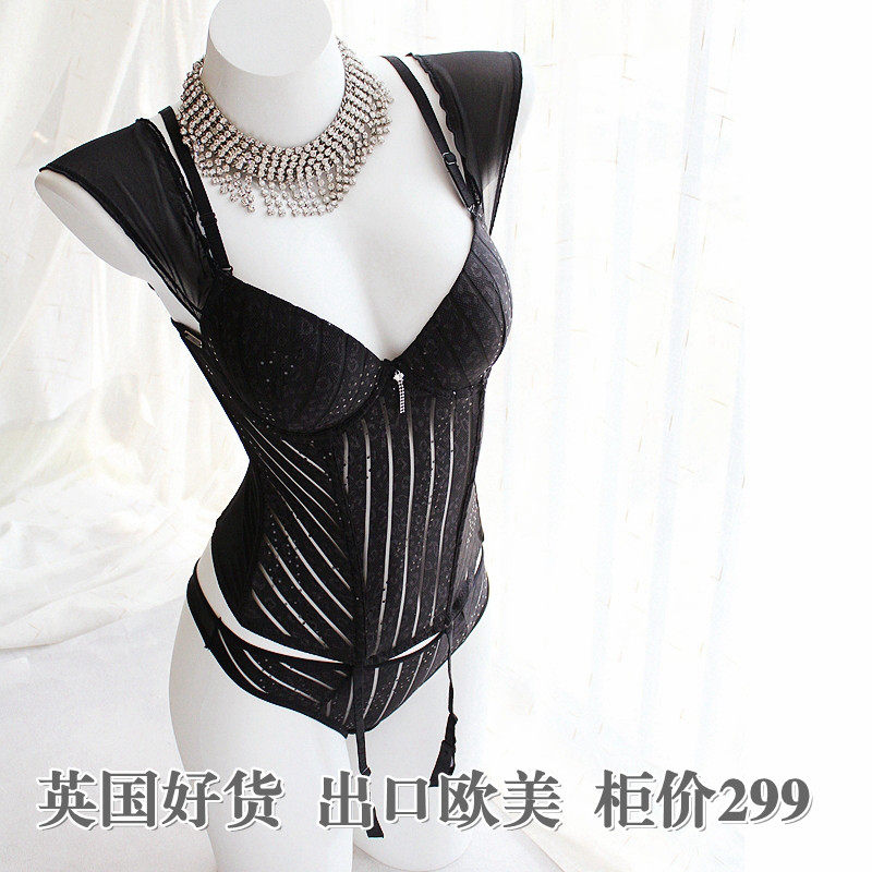 瑕特出口英国性感黑色镂空鱼骨情趣式薄款托胸女士内衣塑束身衣