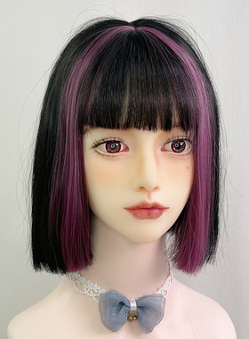 水舞紫色挑染假发女短发波波头酷帅气jk一刀切短直发彩色全头套式