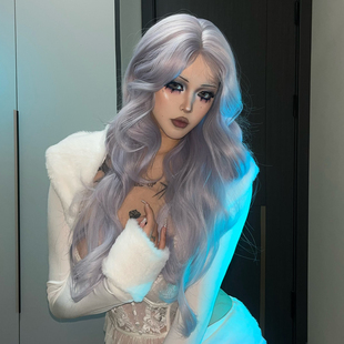 洛丽塔紫灰色手勾前额蕾丝假发女中分大波浪蓬松日常长卷发全头套