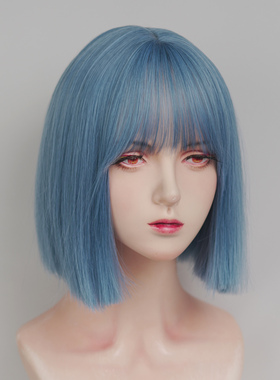 水舞一刀切假发短发蓝色全头套女生减龄日常日系齐肩波波头bobo酷