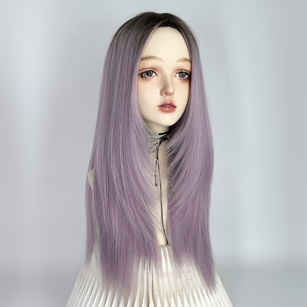 高温丝辣妹风中分紫色长直发假发