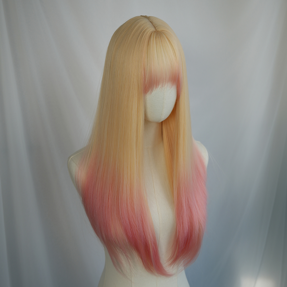 金色渐变挑染粉潮酷jk长直发假发