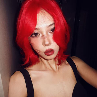 红色狼尾中性短发全头套亚文化中分海王红层次感鲻鱼头哑光短卷发