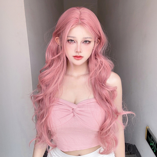 粉色假发手勾前额蕾丝中分长卷发大波浪lolita全头套女cos万用毛