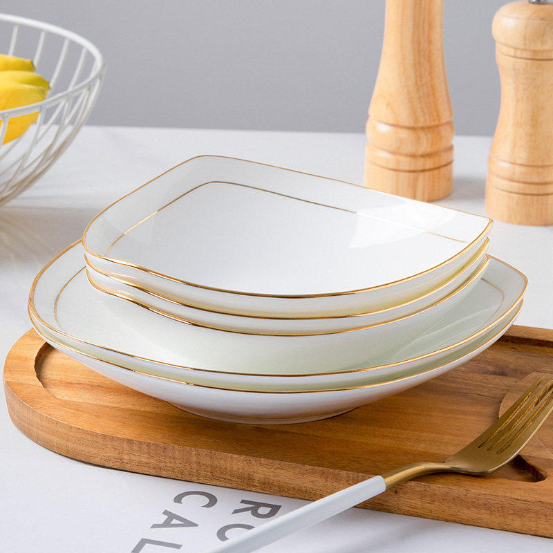 尚韵陶瓷餐具盘三角沙拉盘景德镇骨瓷金边异形菜盘子水果意面盘子