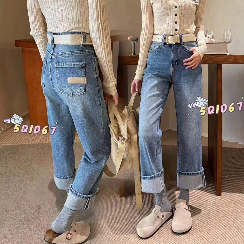 高腰直筒牛仔裤女卷边显瘦法棍裤