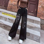 阔脚裤 设计感复古宽松大码 女春秋季 卡通HelloKitty高腰阔腿牛仔裤
