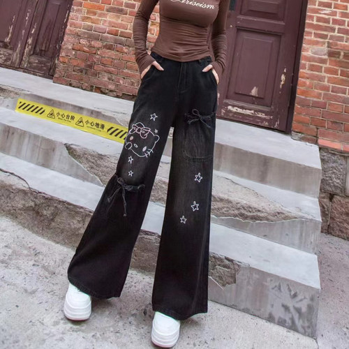 卡通猫牛仔裤长裤2025复古设计感